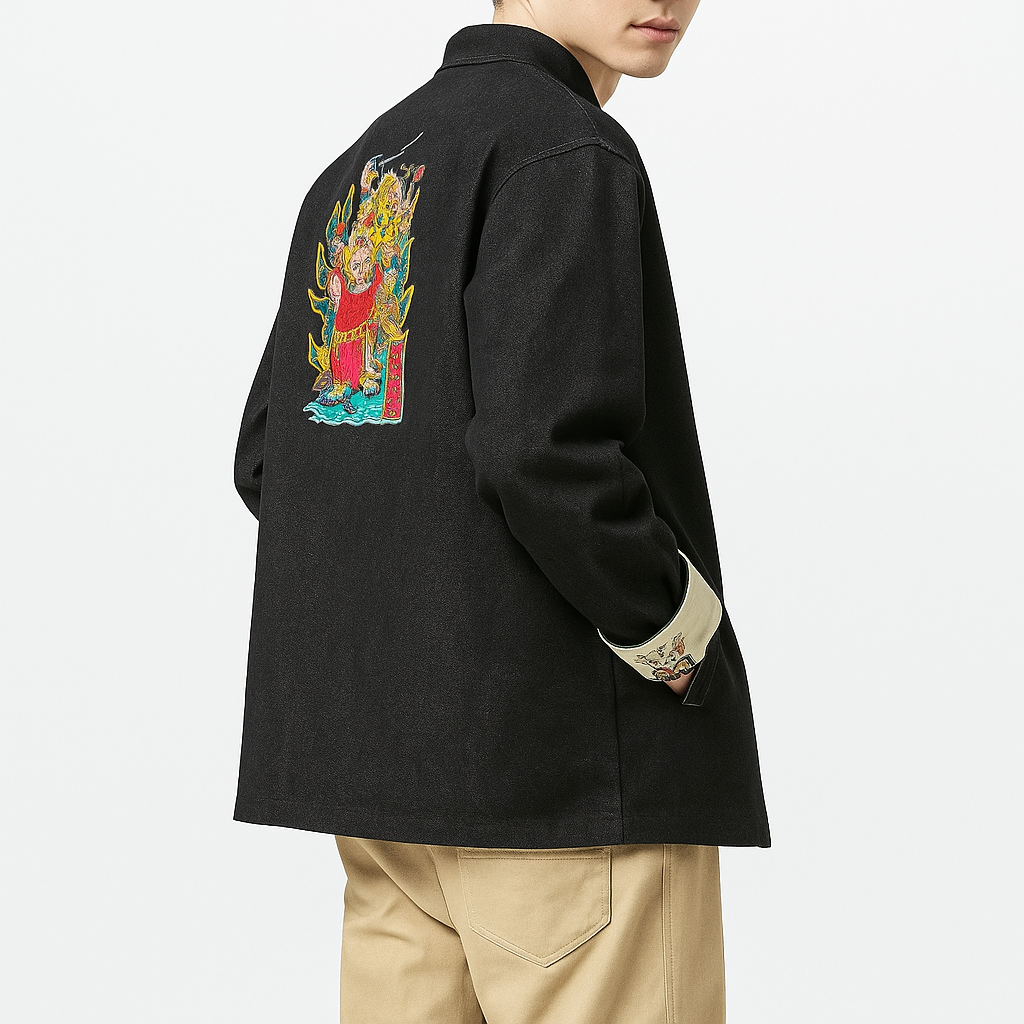 Odasei Jacket - Kyoto Apparel - Black, Blue, Denim, Embroidery, jacket, Long-Sleeve, Mandarin Collar, Outerwear