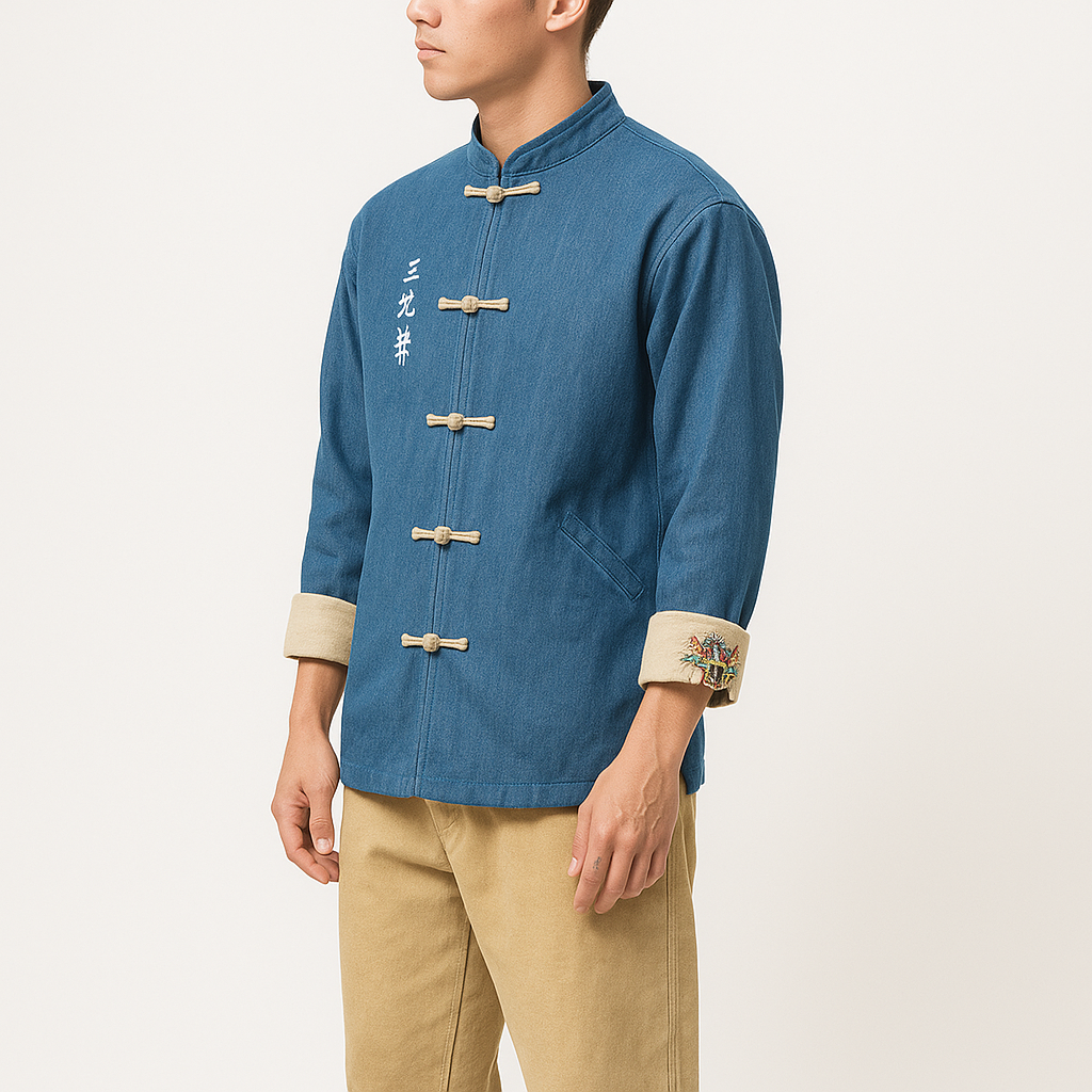 Odasei Jacket - Kyoto Apparel - Black, Blue, Denim, Embroidery, jacket, Long-Sleeve, Mandarin Collar, Outerwear