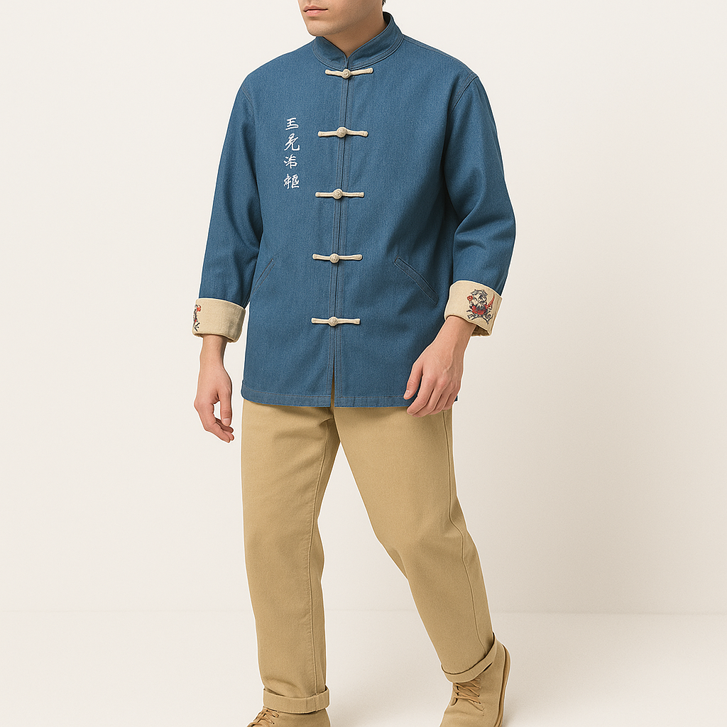 Odasei Jacket - Kyoto Apparel - Black, Blue, Denim, Embroidery, jacket, Long-Sleeve, Mandarin Collar, Outerwear