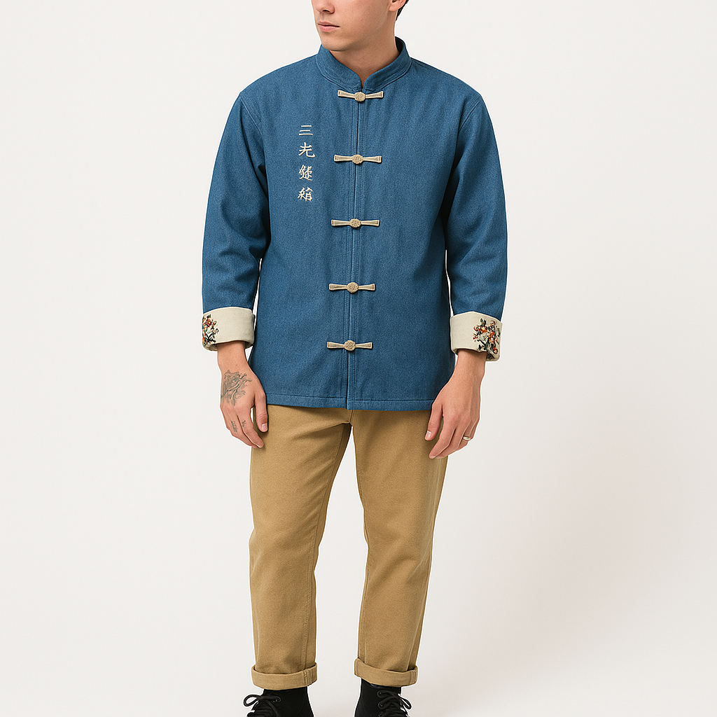 Odasei Jacket - Kyoto Apparel - Black, Blue, Denim, Embroidery, jacket, Long-Sleeve, Mandarin Collar, Outerwear