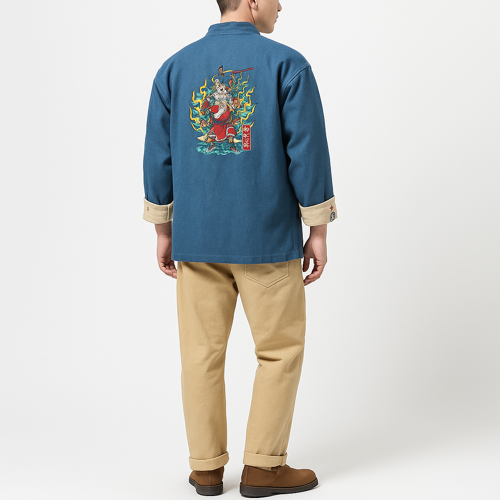 Odasei Jacket - Kyoto Apparel - Black, Blue, Denim, Embroidery, jacket, Long-Sleeve, Mandarin Collar, Outerwear