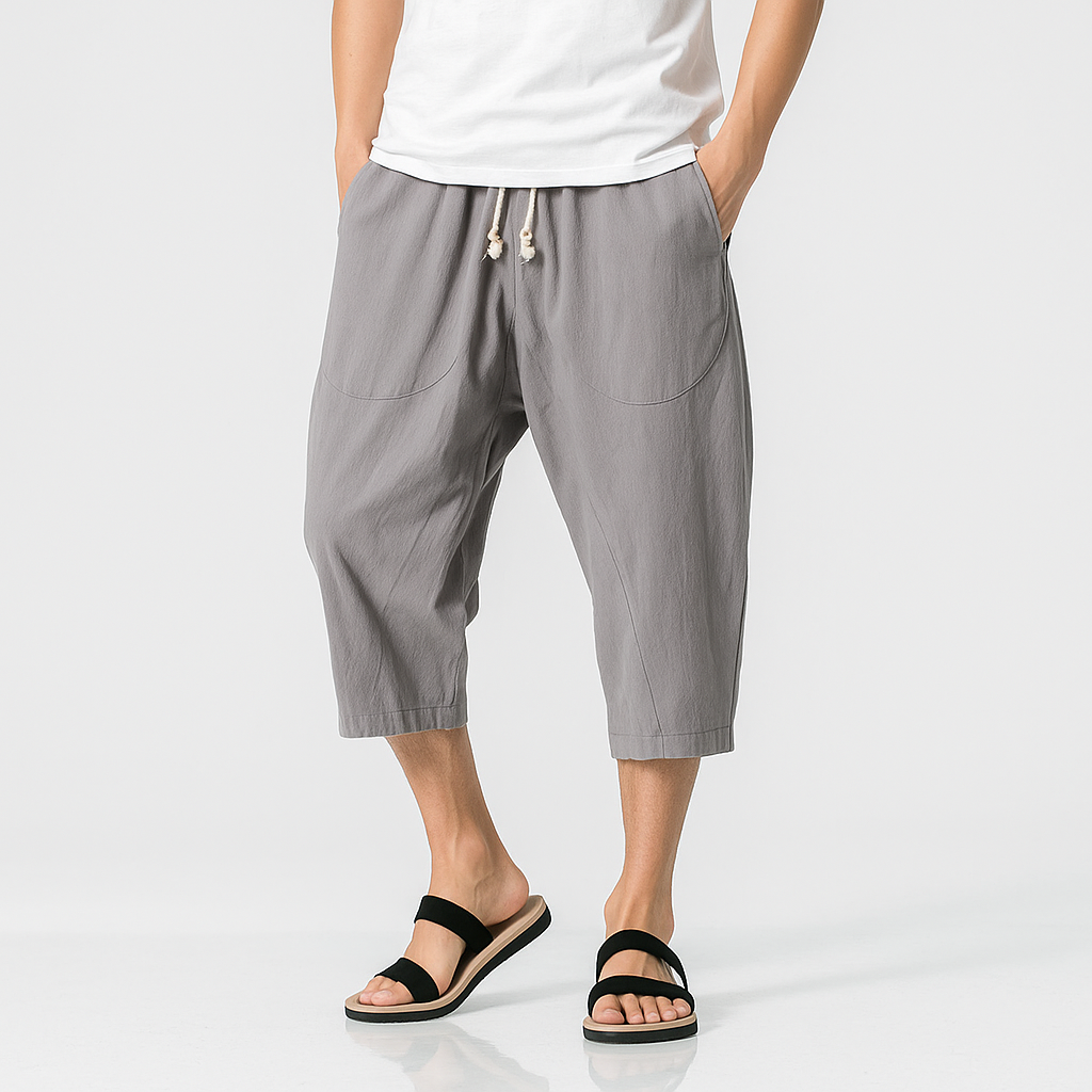 Sekino Cropped Pants - Kyoto Apparel - Beige, Black, Blue, drawstrings, Gray, pants, Red, short pants