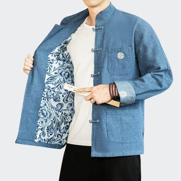 Chutri Denim Jacket - Kyoto Apparel - Black, Blue, Denim, jacket, Light fabric, Long-Sleeve, Mandarin Collar, Outerwear