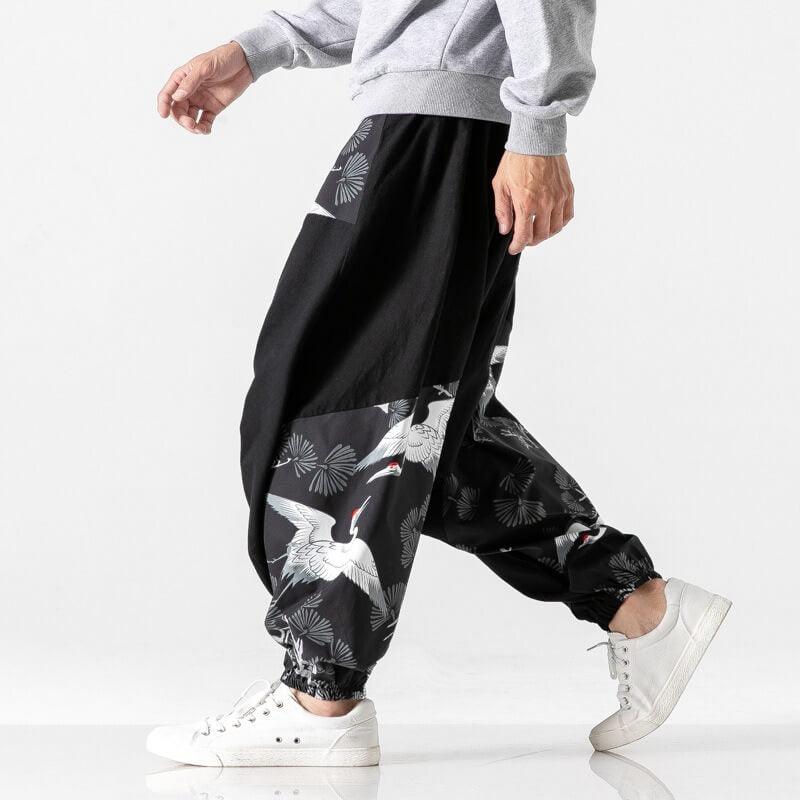 Dansuri Pants - Kyoto Apparel - Black, harem, Japanese print, Light fabric, long, pants