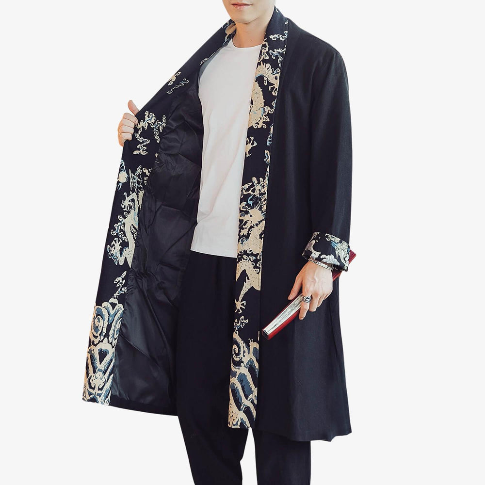 Dappa Kimono Coat - Kyoto Apparel - Black, coat, Japanese print, kimono, long, Outerwear