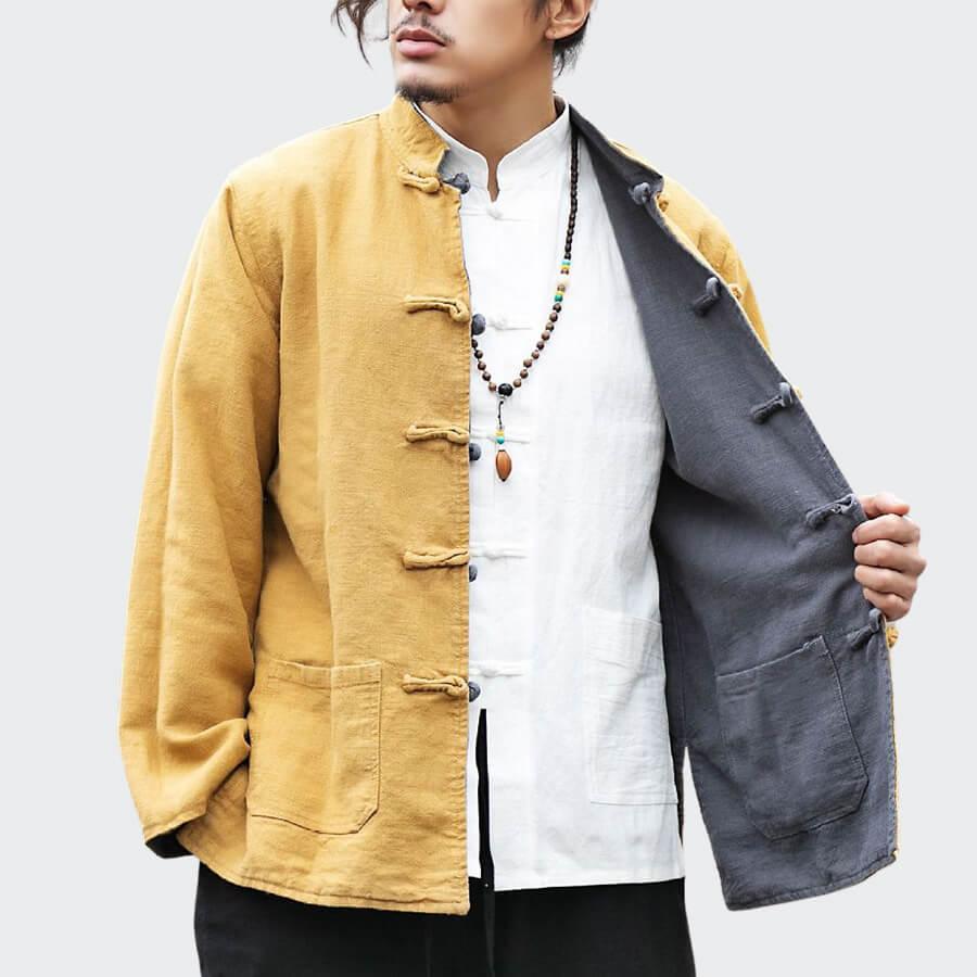 Iku-Daburu Jacket - Kyoto Apparel - Ash, Gray, jacket, Long-Sleeve, Mandarin Collar, Outerwear, Yellow