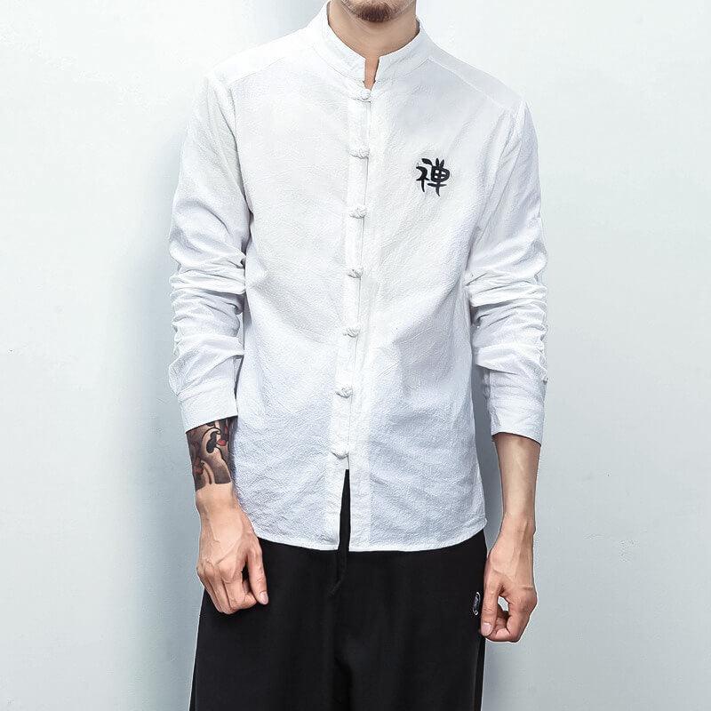 Kuraun Long Sleeve Shirt - Kyoto Apparel - Black, Mandarin Collar, shirt, Top, white