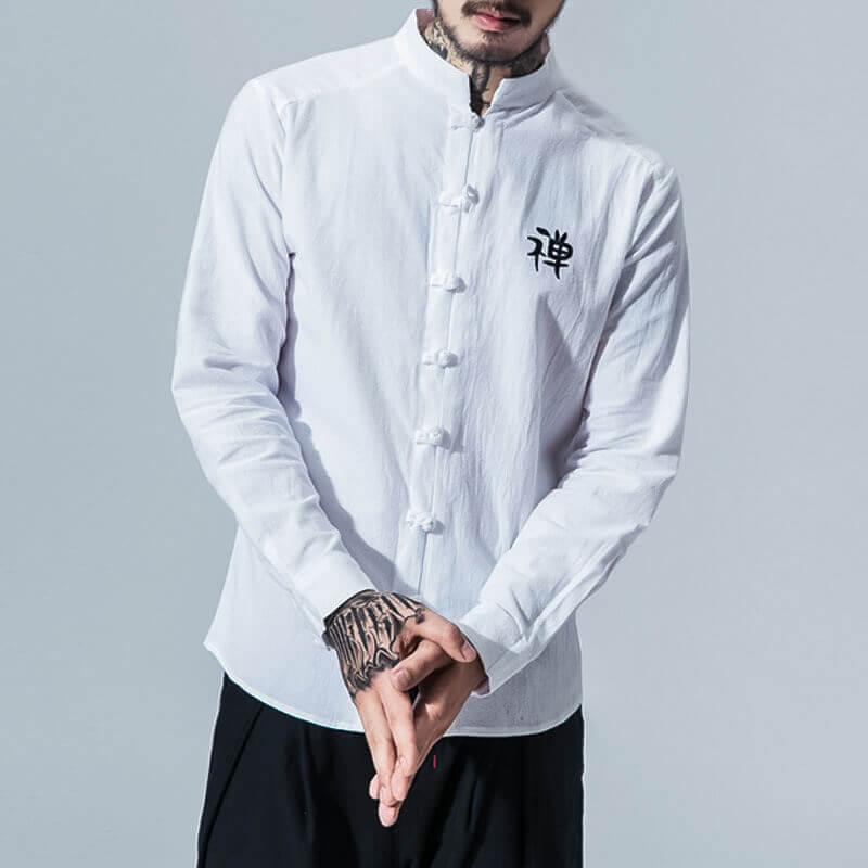 Kuraun Long Sleeve Shirt - Kyoto Apparel - Black, Mandarin Collar, shirt, Top, white