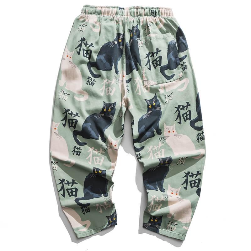 Nekokiti Pants - Kyoto Apparel - Black, drawstrings, Green, Japanese print, pants, short pants