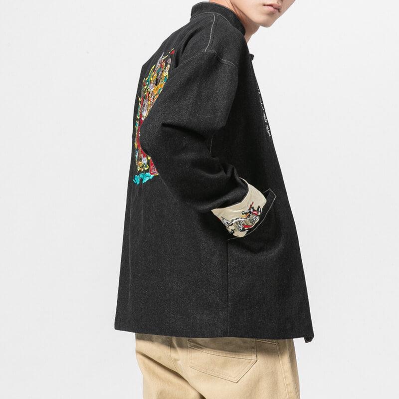 Odasei Jacket - Kyoto Apparel - Black, Blue, Denim, Embroidery, jacket, Long-Sleeve, Mandarin Collar, Outerwear